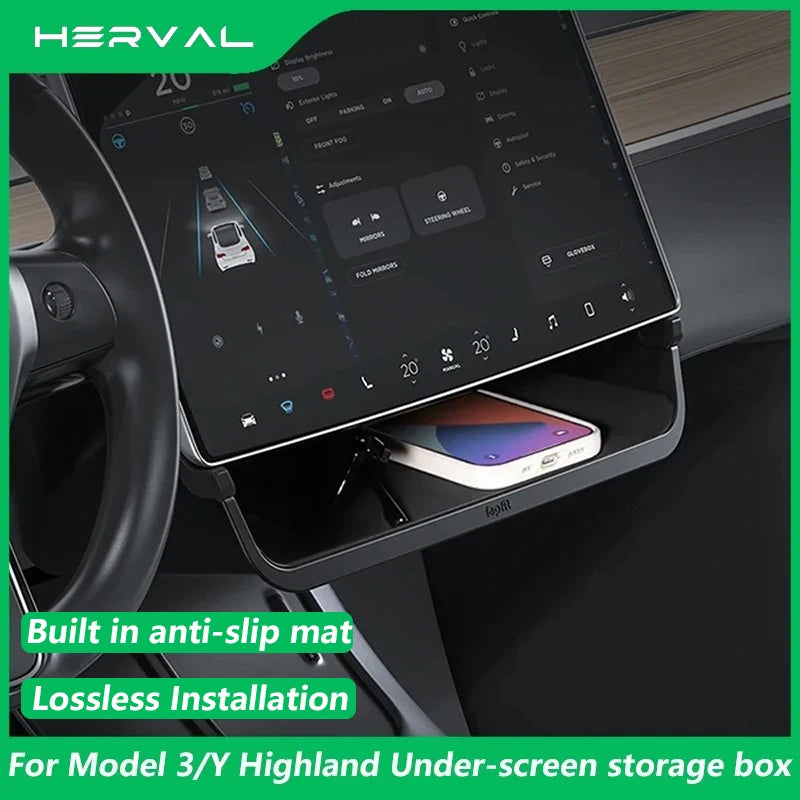 Herval Under-Screen Storage Tray for Tesla Model Y 3 (2021-2025) with Anti-Slip Liningr