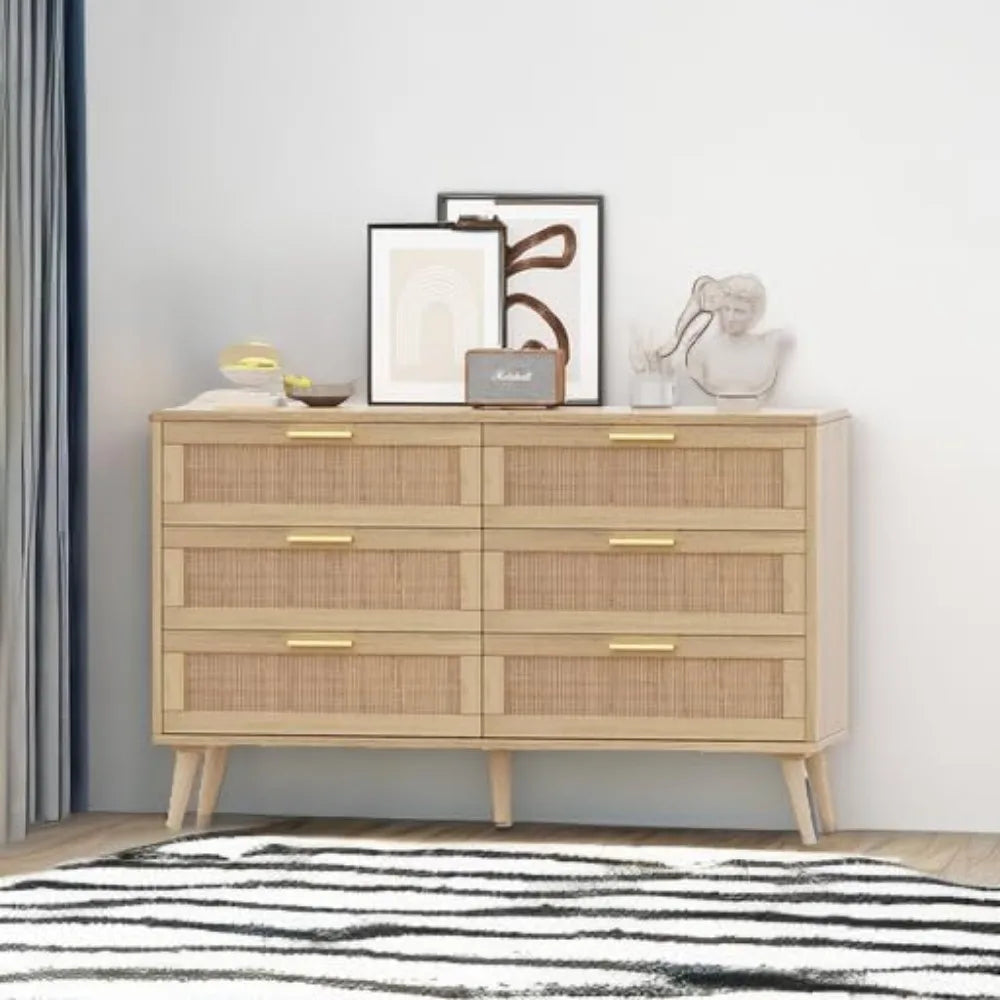 6-Drawer Modern Wood Dresser with Gold Handles