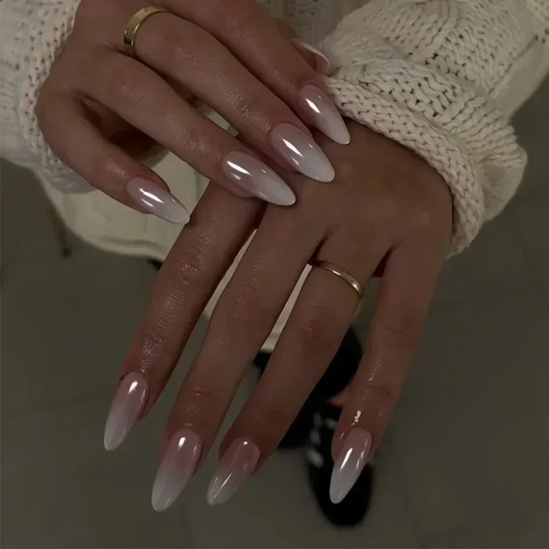 24Pc False Nails with Glue Almond Black Red Gradient Design Detachable Rhinestone Acrylic Fake Nail Long Stiletto Press on Nails