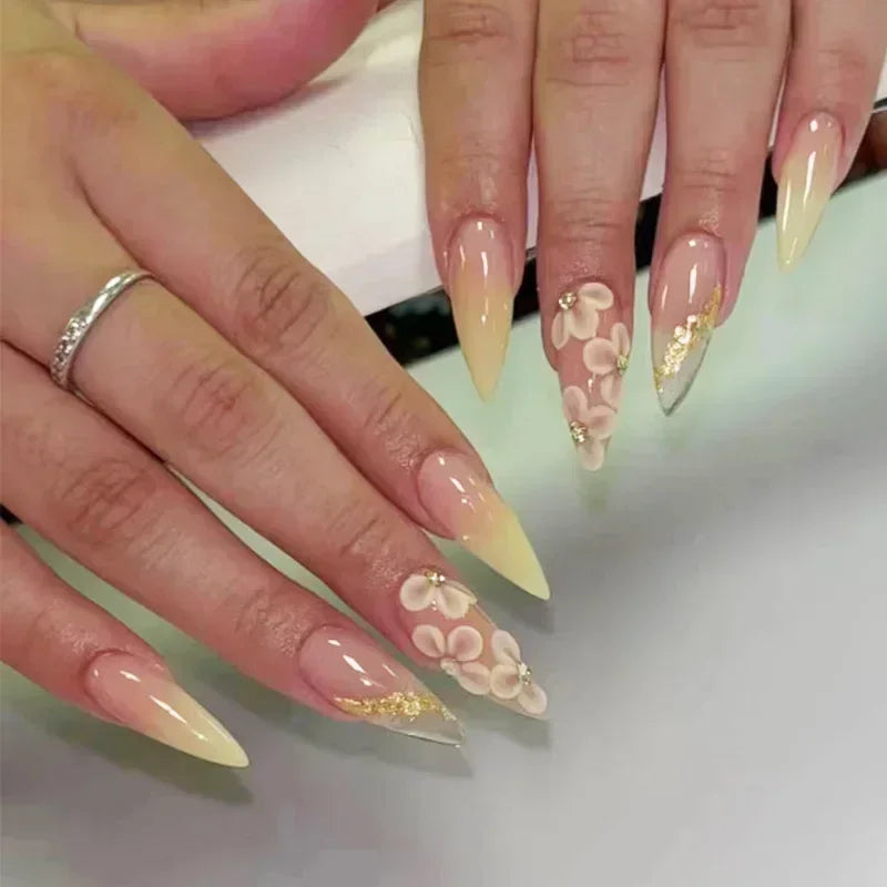 24Pc False Nails with Glue Almond Black Red Gradient Design Detachable Rhinestone Acrylic Fake Nail Long Stiletto Press on Nails