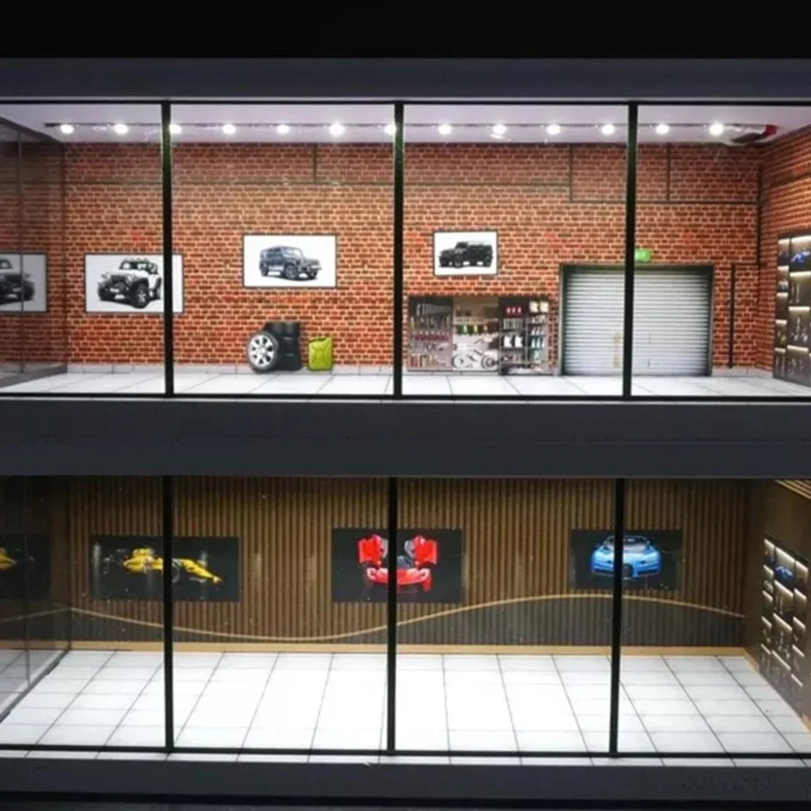 1/64 Scale Car Garage Model with LED Lighting for Mini Vehicles in Parking Scene