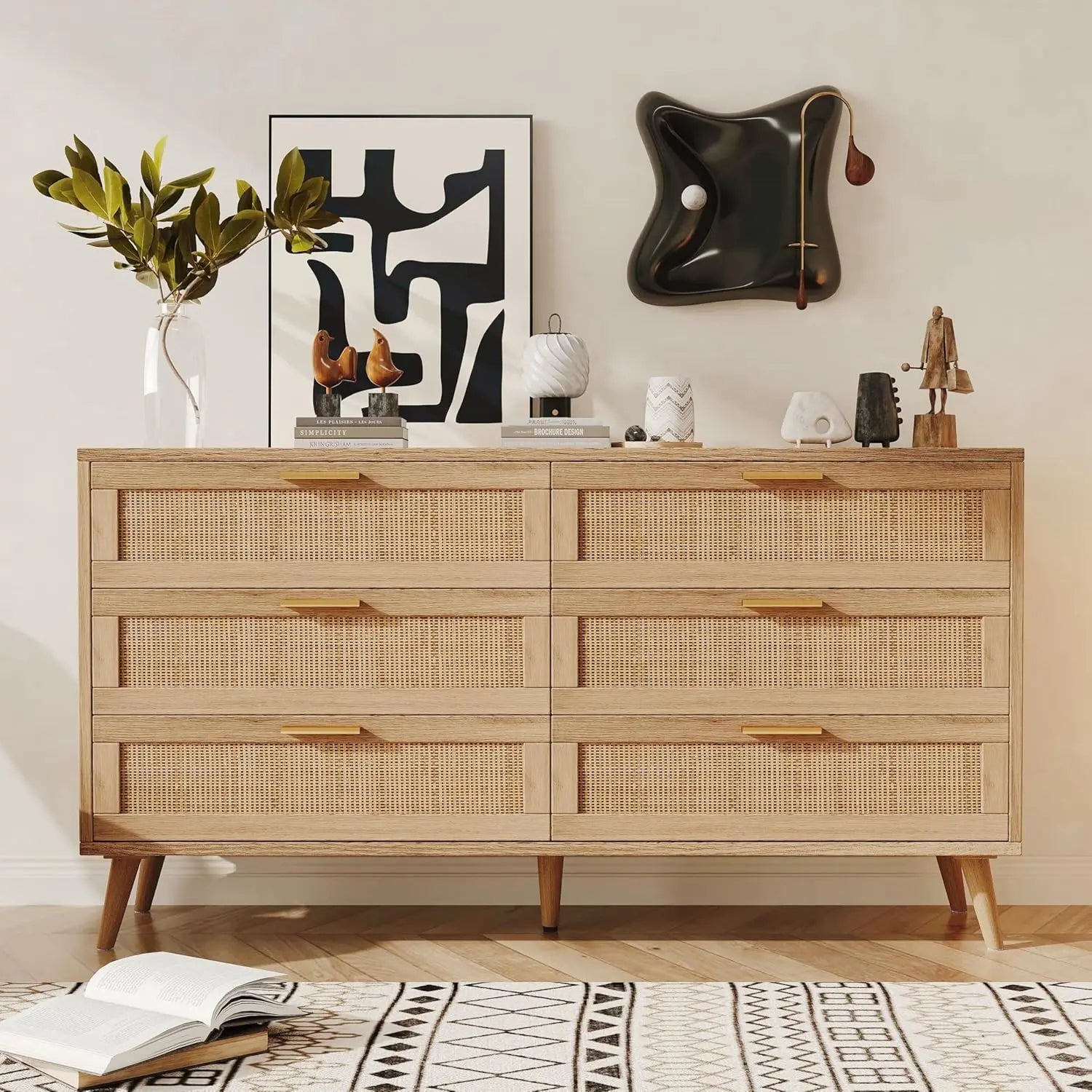 6-Drawer Modern Wood Dresser with Gold Handles