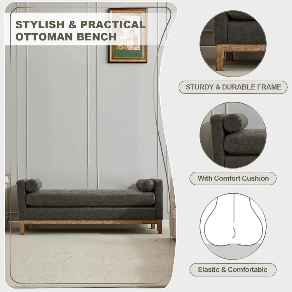 Grey Ottoman Bench with Bolster Pillows