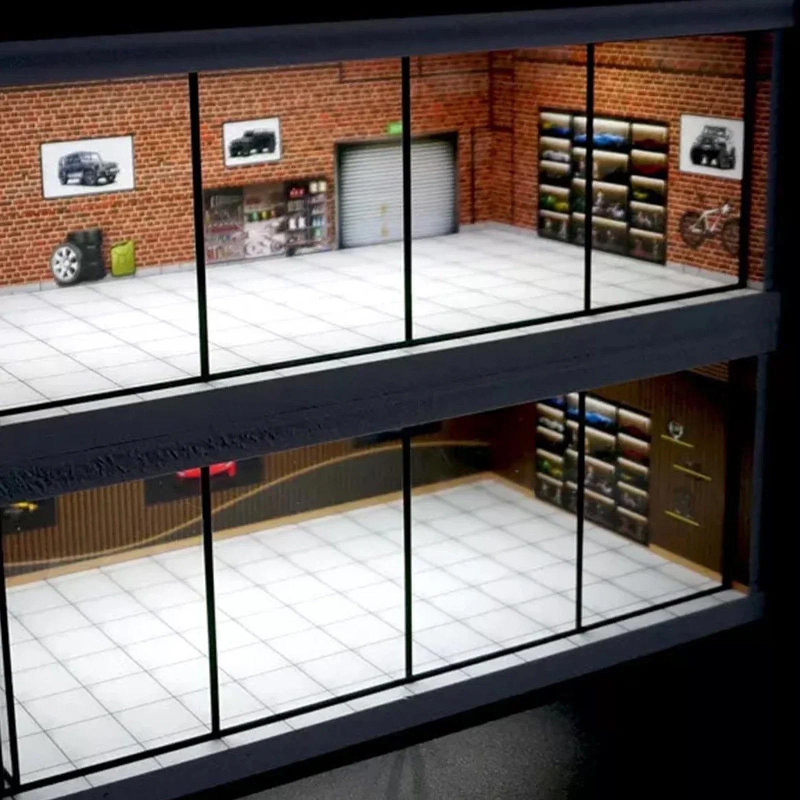 1/64 Scale Car Garage Model with LED Lighting for Mini Vehicles in Parking Scene
