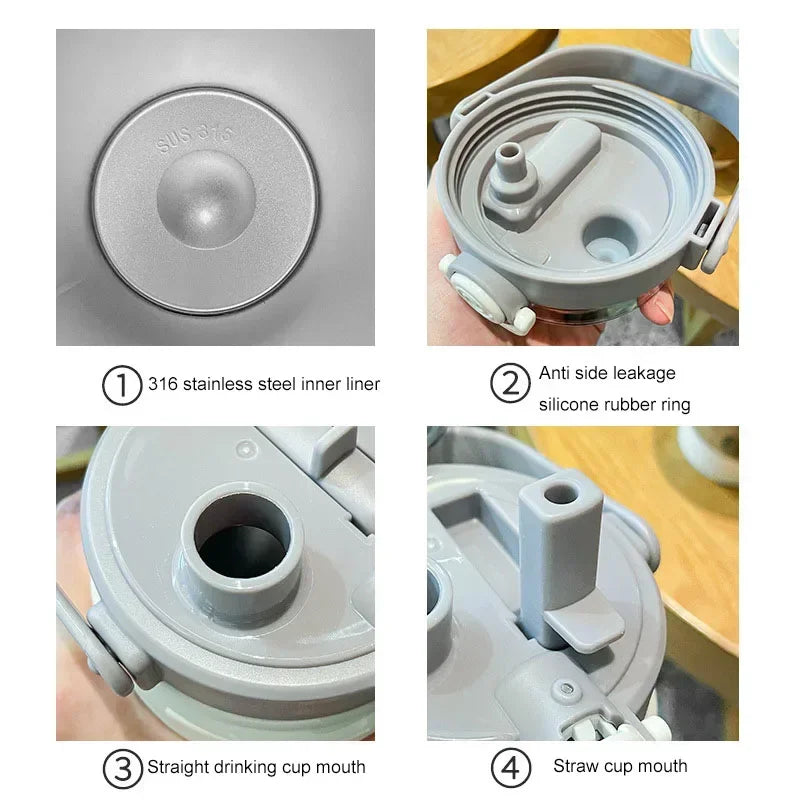 1L/1.2L Large Thermo Bottle with Straw - Stainless Steel Vacuum Flask for Hot/Cold Drinks