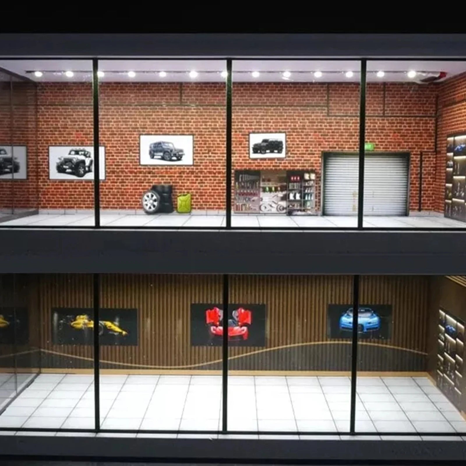 1/64 Scale Car Garage Model with LED Lighting for Mini Vehicles in Parking Scene