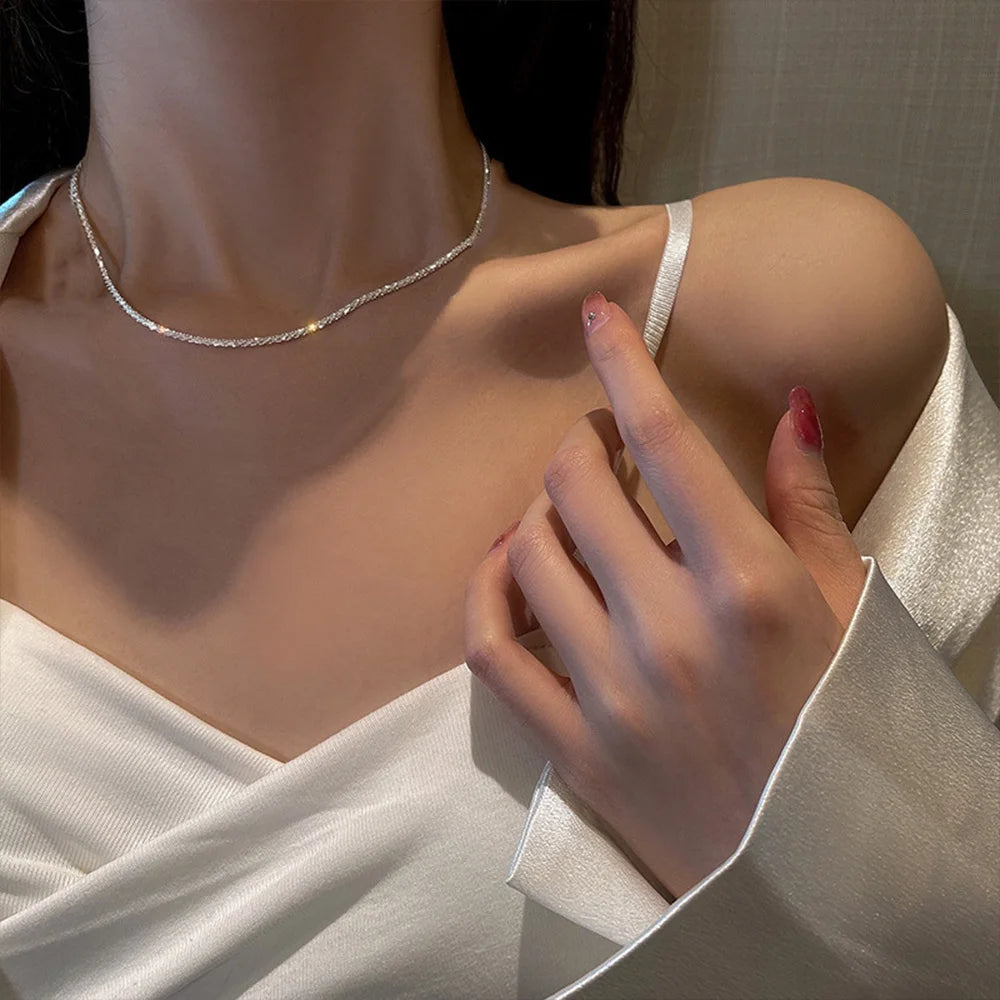2pcs Set Shiny Sparkling Silver-Plated Clavicle Chain Bracelet Jewelry Set for Women Minimalist Starry Sky Accessories