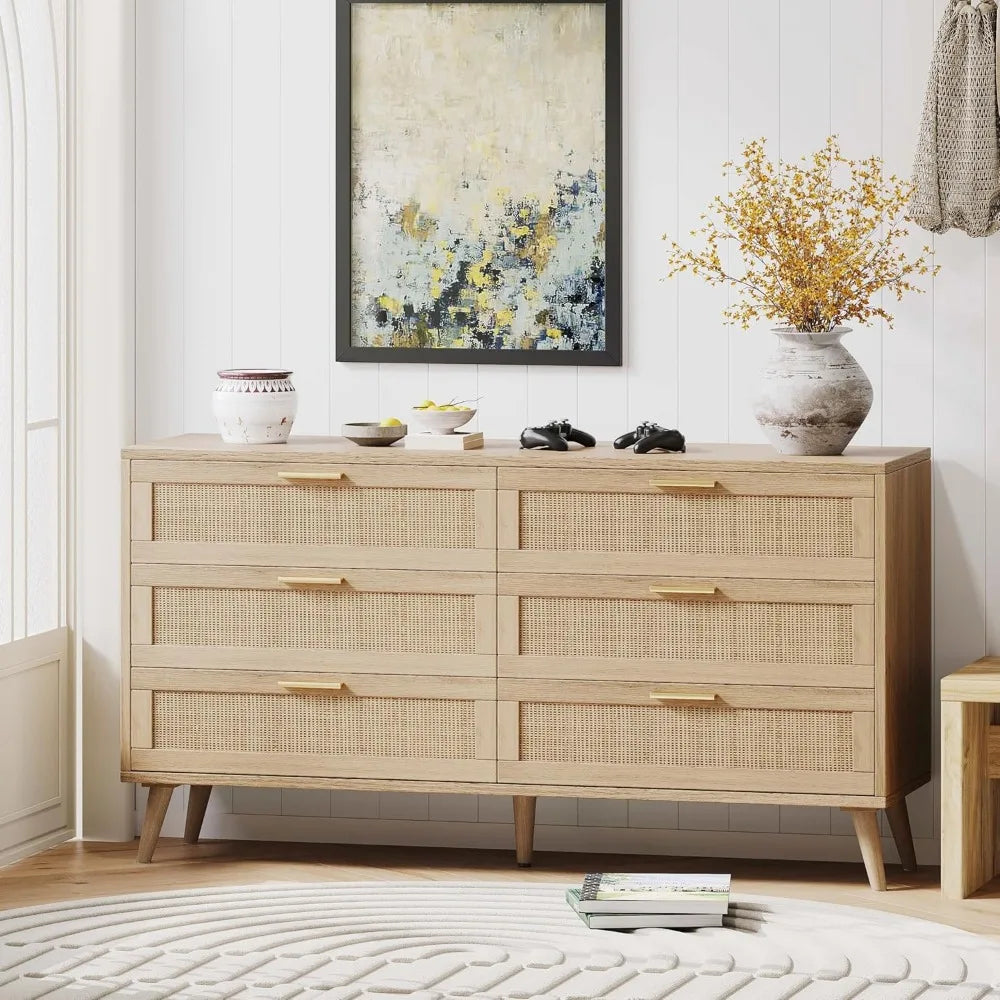 6-Drawer Modern Wood Dresser with Gold Handles