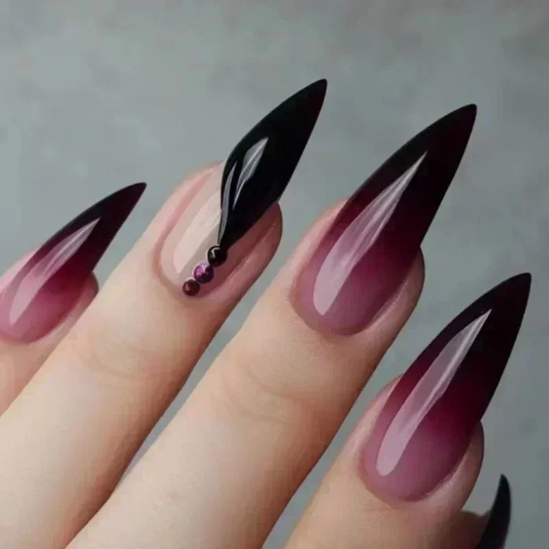 24Pc False Nails with Glue Almond Black Red Gradient Design Detachable Rhinestone Acrylic Fake Nail Long Stiletto Press on Nails
