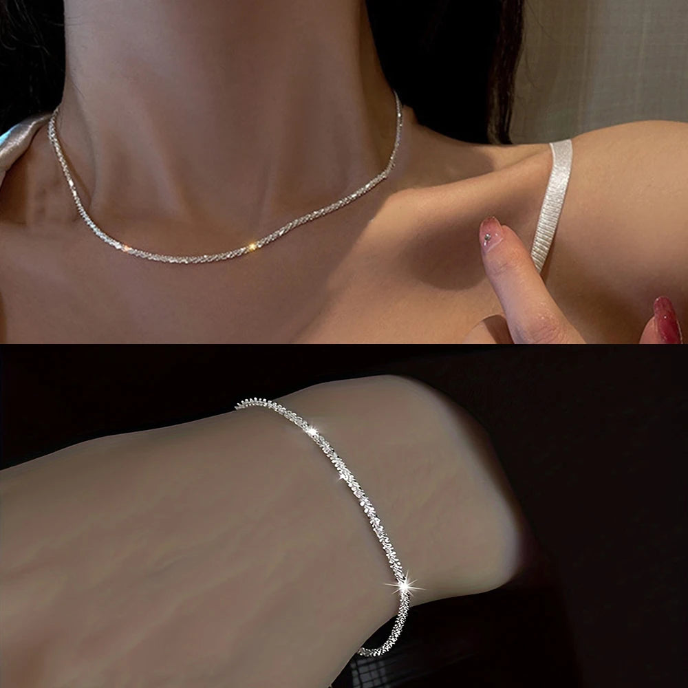 2pcs Set Shiny Sparkling Silver-Plated Clavicle Chain Bracelet Jewelry Set for Women Minimalist Starry Sky Accessories