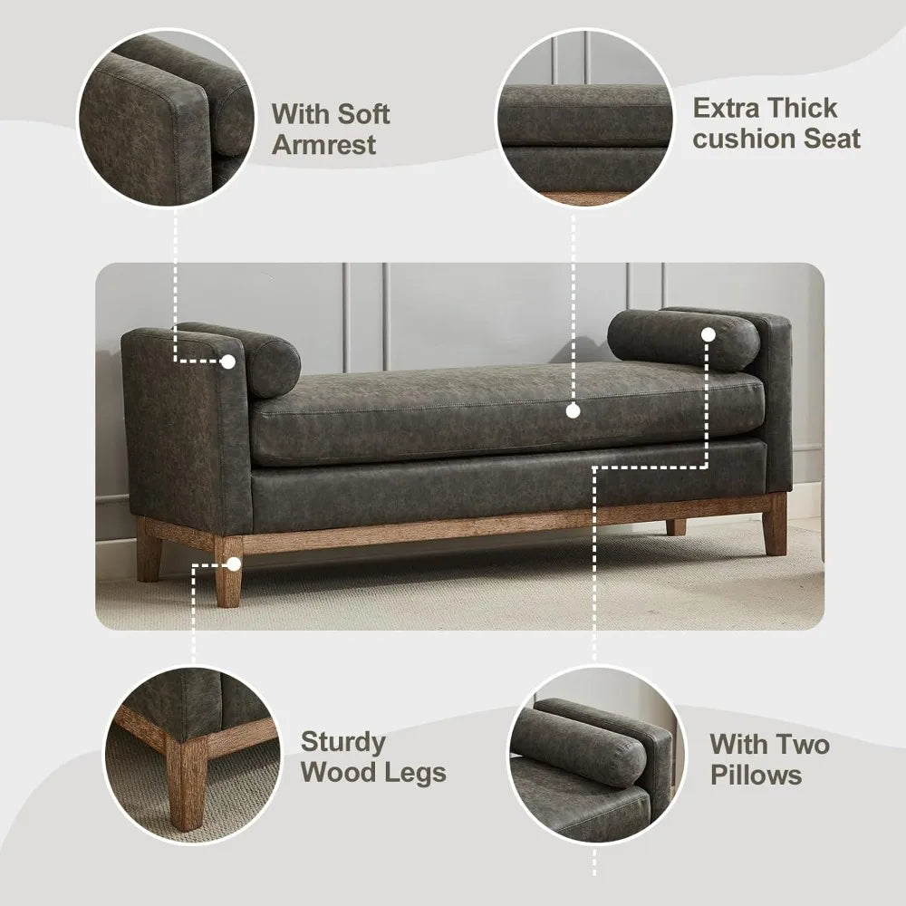 Grey Ottoman Bench with Bolster Pillows