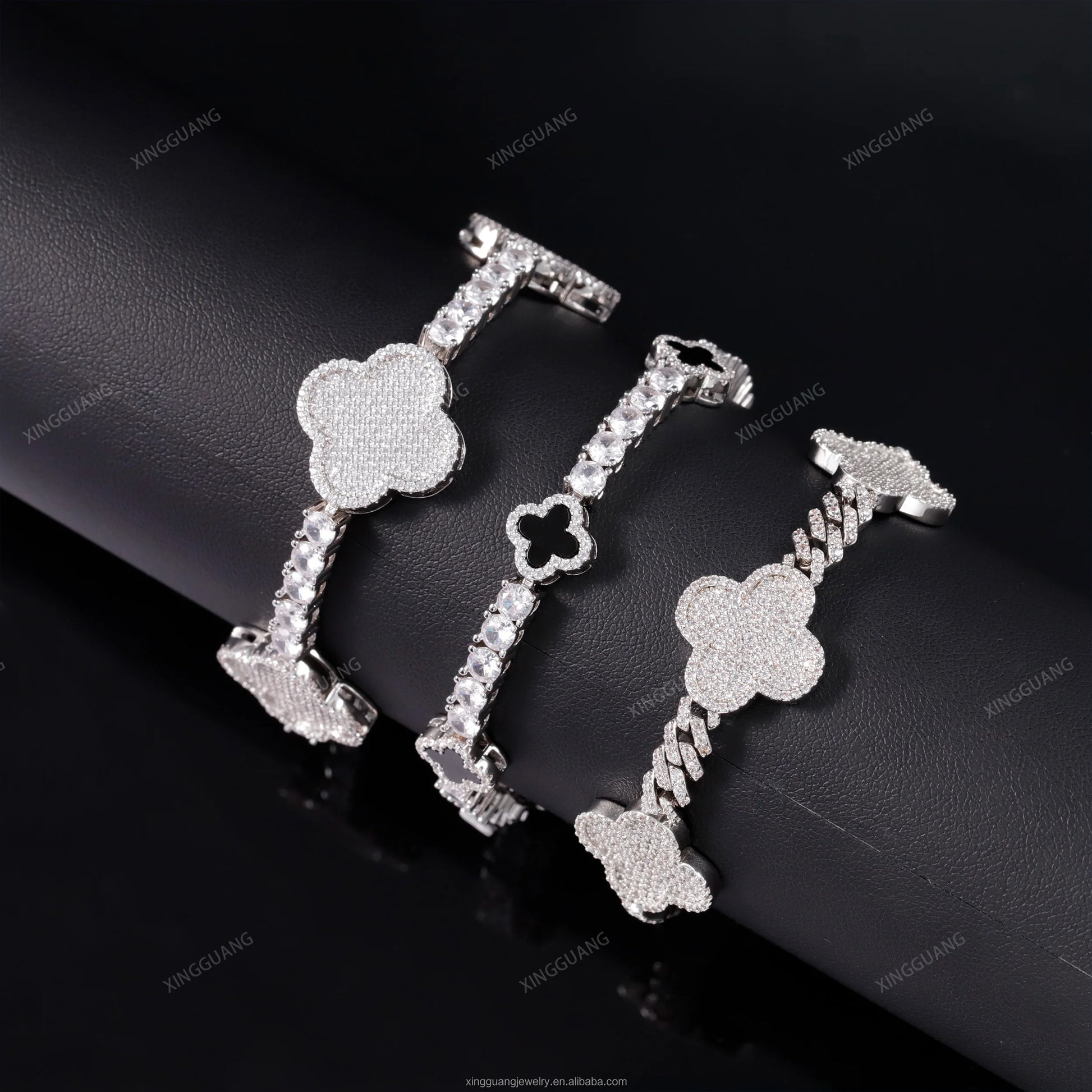 Iced Out Diamond Cuban Bracelet 925 Sterling Silver VVS Moissanite Diamond Four Leaf Clover Tennis Bracelet 3mm 4mm Tennis Chain
