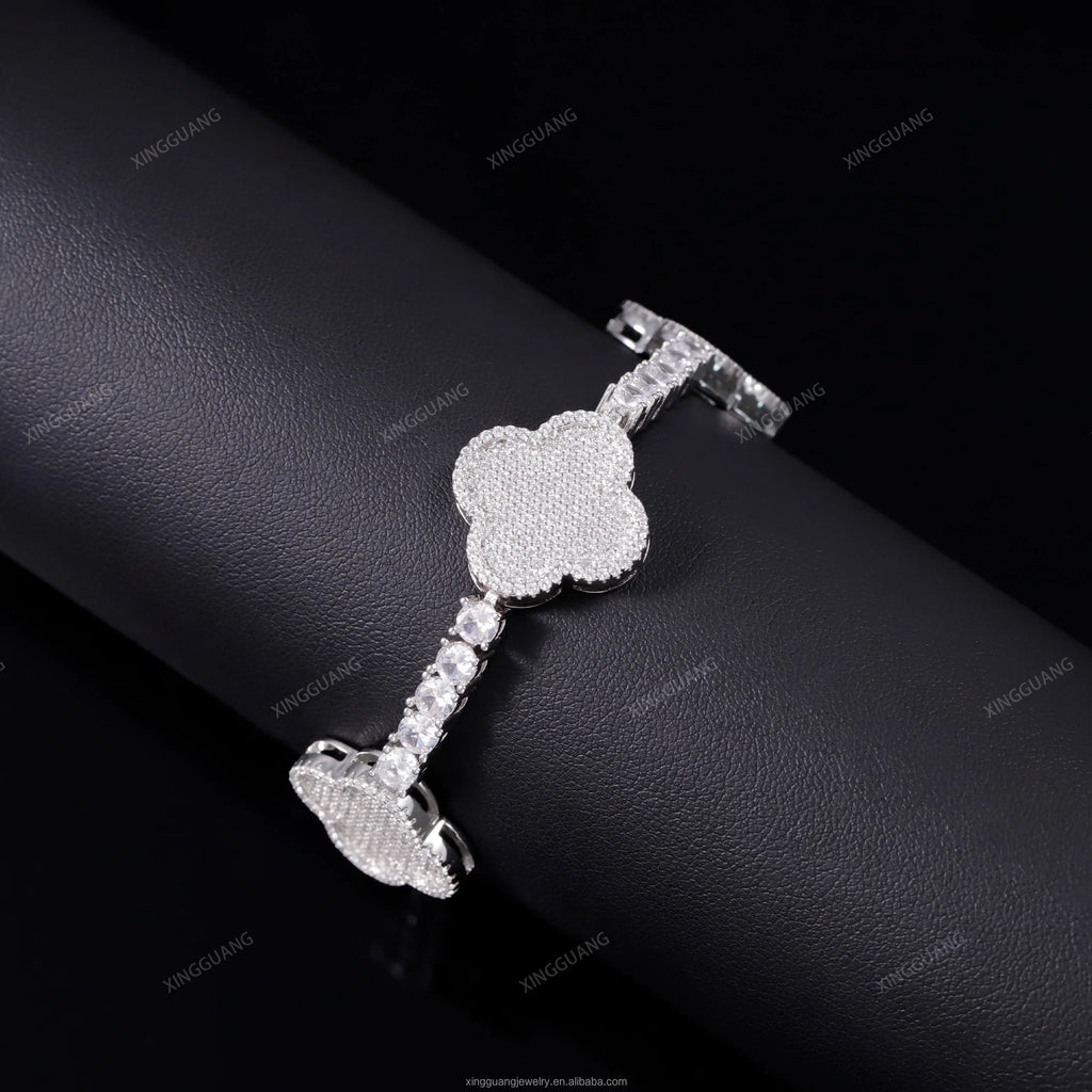 Iced Out Diamond Cuban Bracelet 925 Sterling Silver VVS Moissanite Diamond Four Leaf Clover Tennis Bracelet 3mm 4mm Tennis Chain