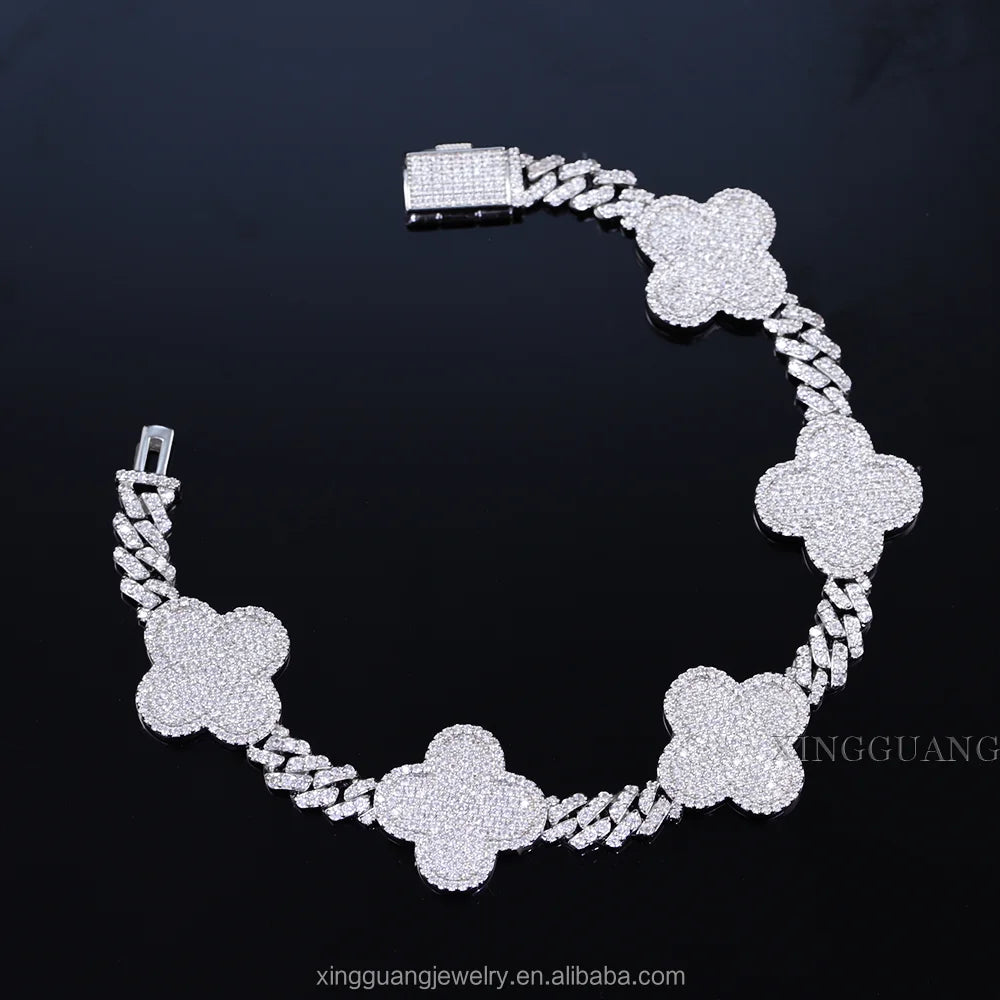 Iced Out Diamond Cuban Bracelet 925 Sterling Silver VVS Moissanite Diamond Four Leaf Clover Tennis Bracelet 3mm 4mm Tennis Chain