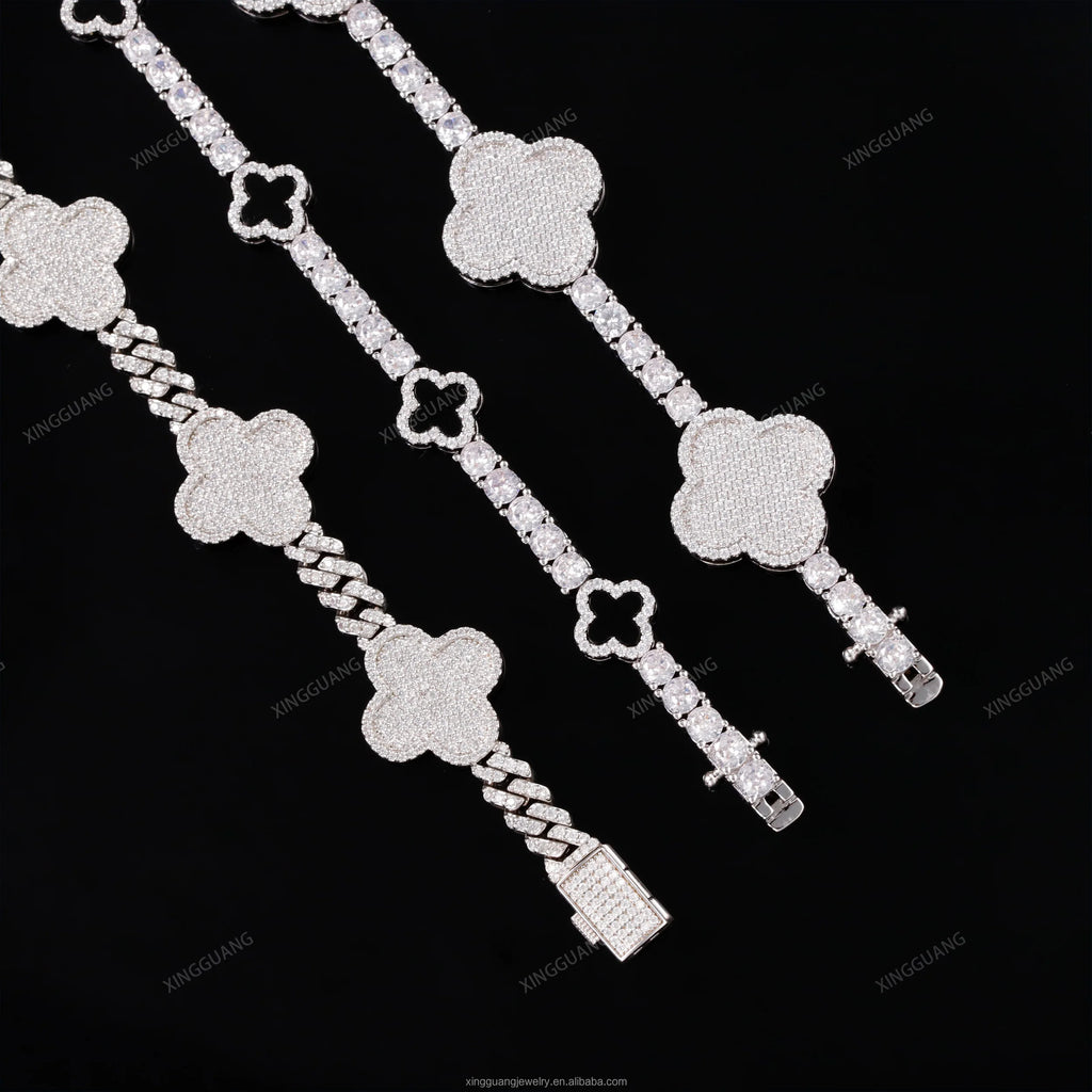 Iced Out Diamond Cuban Bracelet 925 Sterling Silver VVS Moissanite Diamond Four Leaf Clover Tennis Bracelet 3mm 4mm Tennis Chain