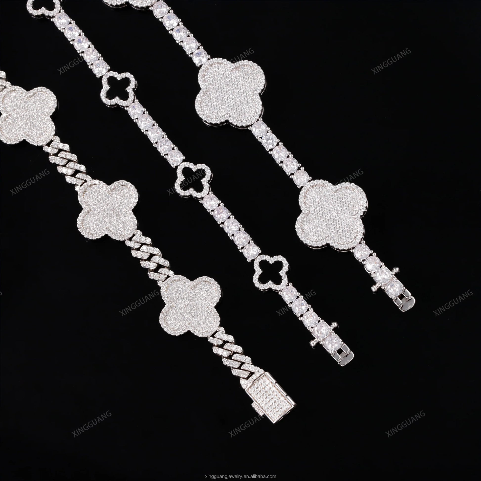 Iced Out Diamond Cuban Bracelet 925 Sterling Silver VVS Moissanite Diamond Four Leaf Clover Tennis Bracelet 3mm 4mm Tennis Chain