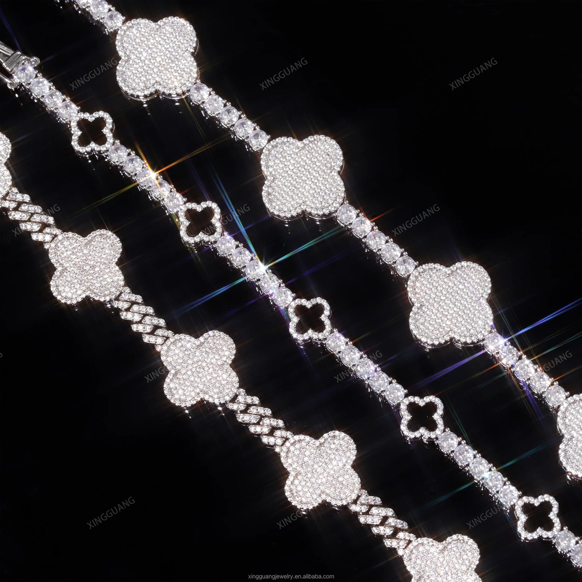 Iced Out Diamond Cuban Bracelet 925 Sterling Silver VVS Moissanite Diamond Four Leaf Clover Tennis Bracelet 3mm 4mm Tennis Chain