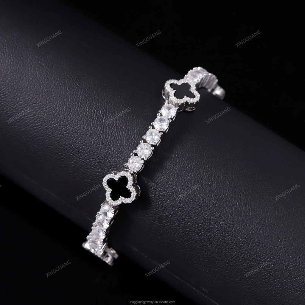 Iced Out Diamond Cuban Bracelet 925 Sterling Silver VVS Moissanite Diamond Four Leaf Clover Tennis Bracelet 3mm 4mm Tennis Chain
