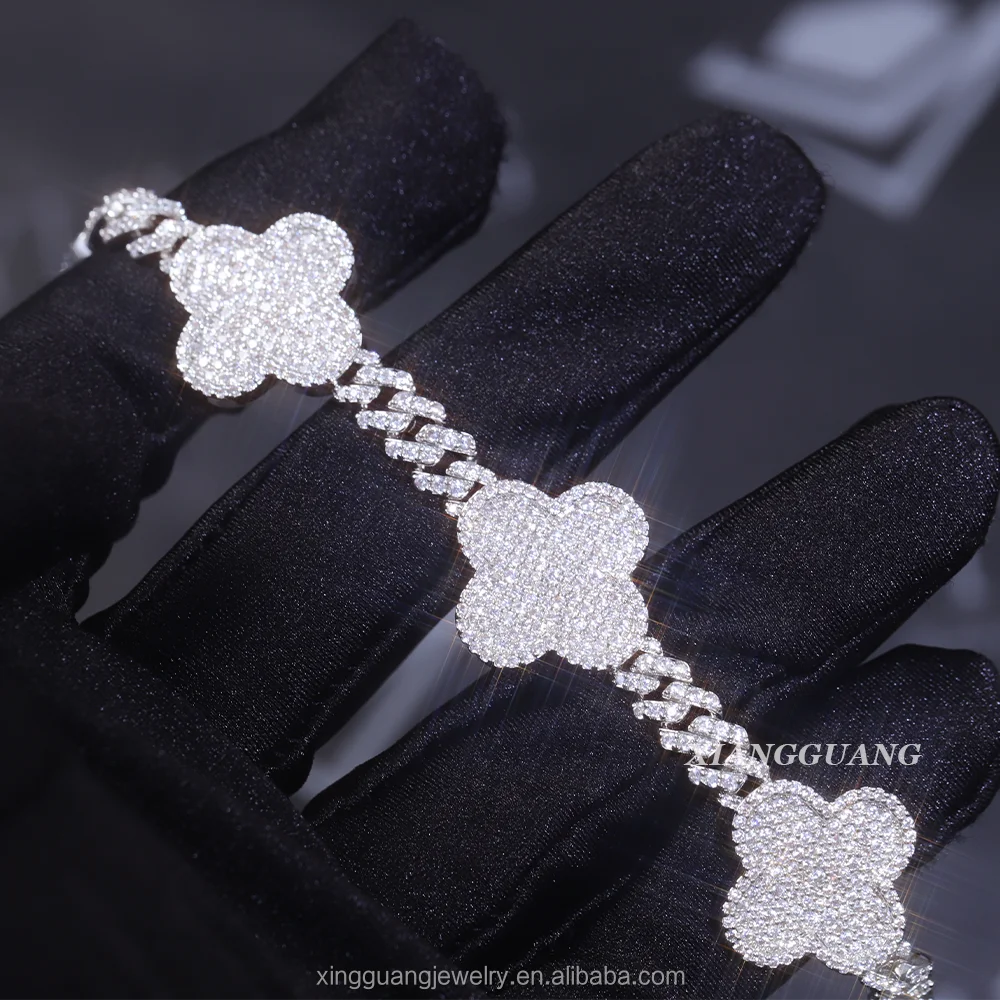 Iced Out Diamond Cuban Bracelet 925 Sterling Silver VVS Moissanite Diamond Four Leaf Clover Tennis Bracelet 3mm 4mm Tennis Chain