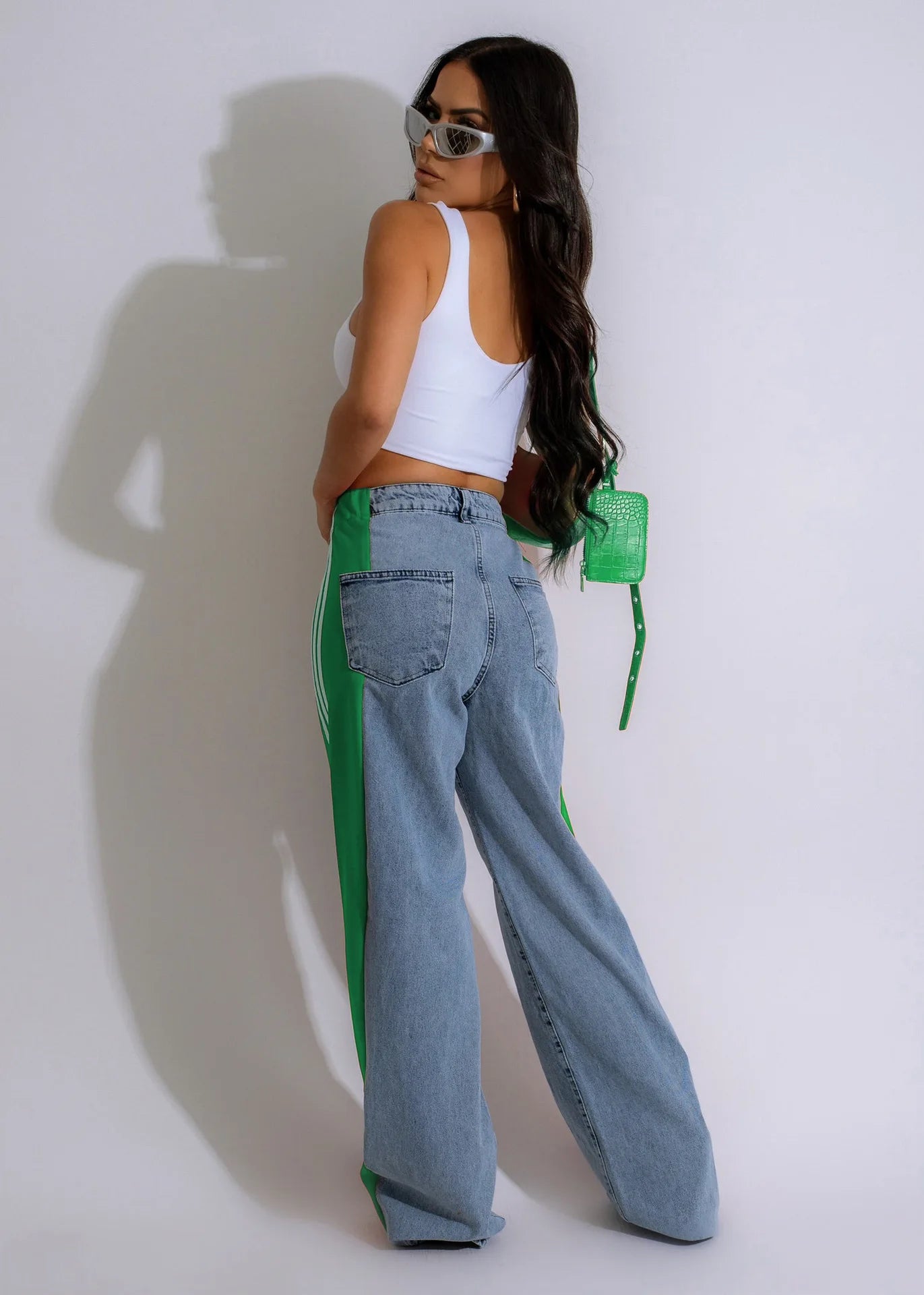 Patchwork Three Stripes Wide Leg Denim Pants