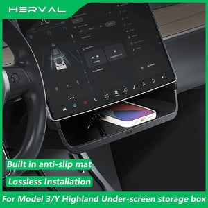 Herval Under-Screen Storage Tray for Tesla Model Y 3 (2021-2025) with Anti-Slip Liningr