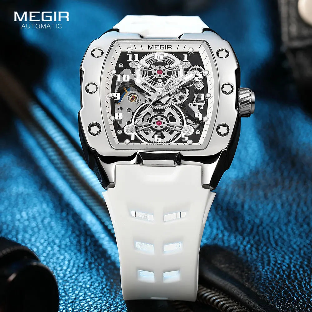 Megir 8602 Men's Waterproof Sport Watch with White Silicone Strap and Hollow Dial