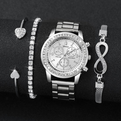 Women Fashion Silver Color Stainless Steel Quartz Watch & Silver Beads Jewelry Set