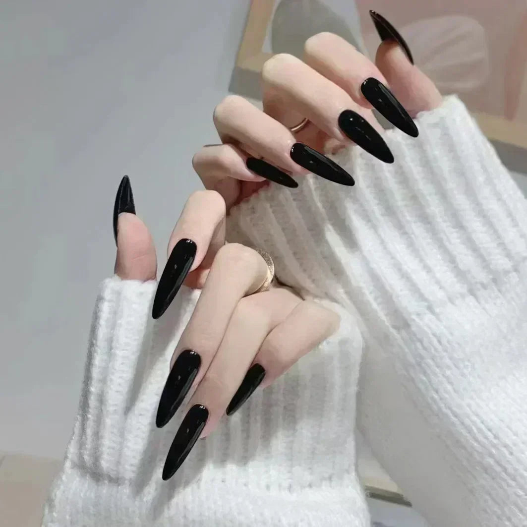 24Pc False Nails with Glue Almond Black Red Gradient Design Detachable Rhinestone Acrylic Fake Nail Long Stiletto Press on Nails