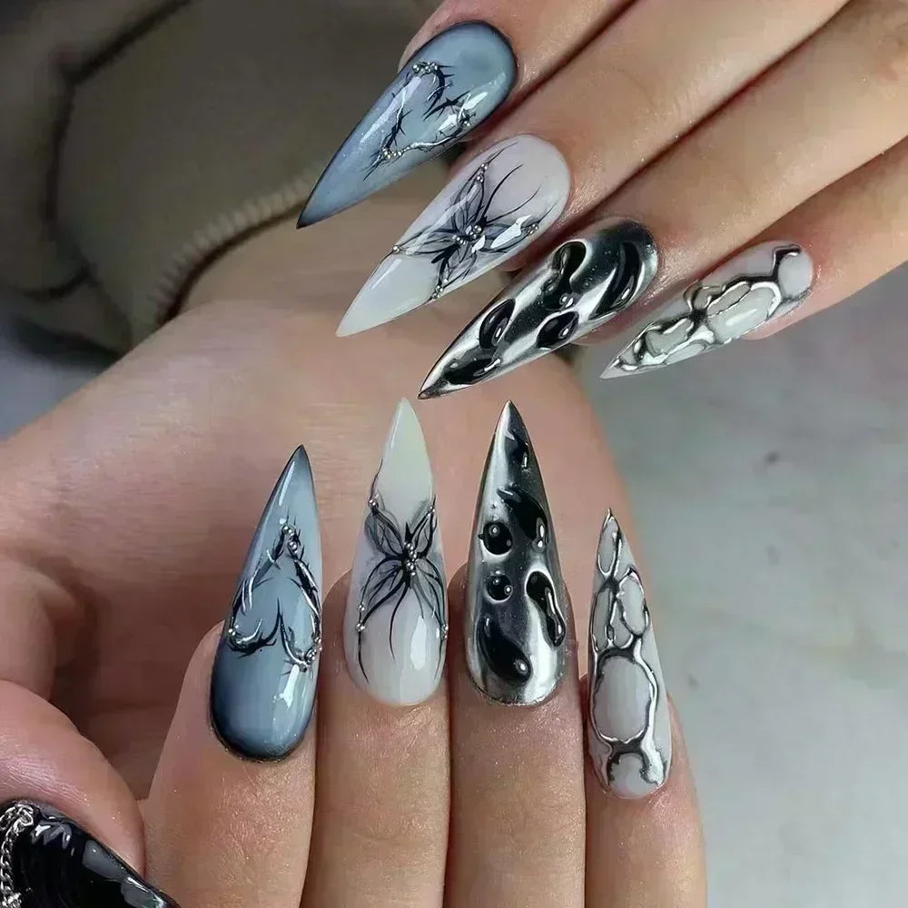 24Pc False Nails with Glue Almond Black Red Gradient Design Detachable Rhinestone Acrylic Fake Nail Long Stiletto Press on Nails