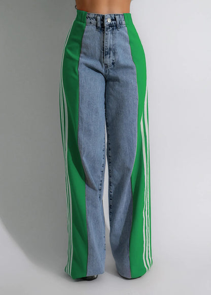 Patchwork Three Stripes Wide Leg Denim Pants