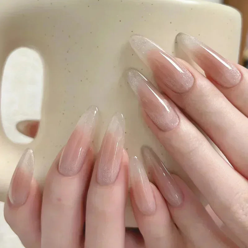 24Pc False Nails with Glue Almond Black Red Gradient Design Detachable Rhinestone Acrylic Fake Nail Long Stiletto Press on Nails