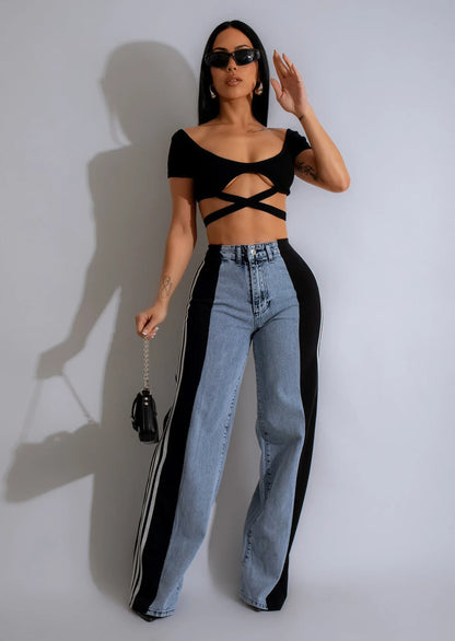 Patchwork Three Stripes Wide Leg Denim Pants