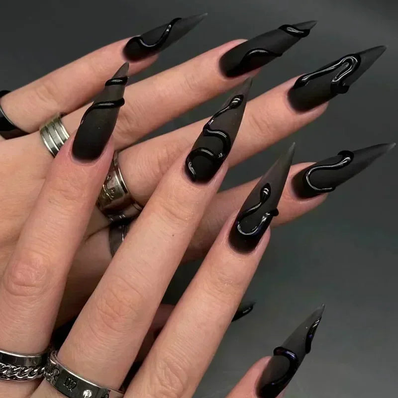 24Pc False Nails with Glue Almond Black Red Gradient Design Detachable Rhinestone Acrylic Fake Nail Long Stiletto Press on Nails