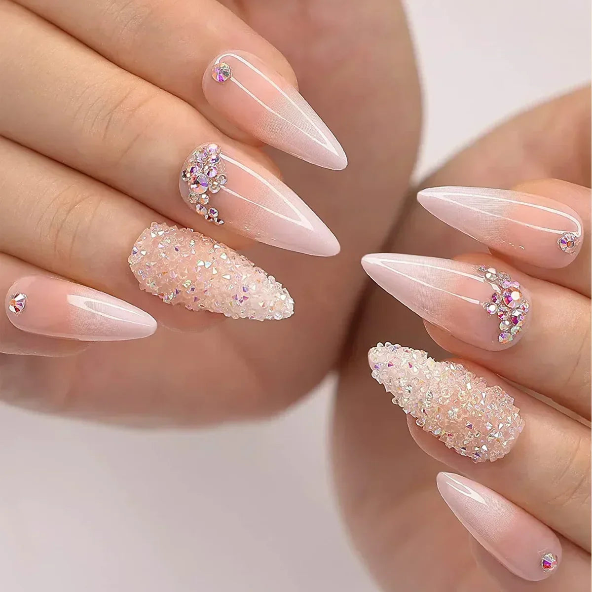 24Pc False Nails with Glue Almond Black Red Gradient Design Detachable Rhinestone Acrylic Fake Nail Long Stiletto Press on Nails