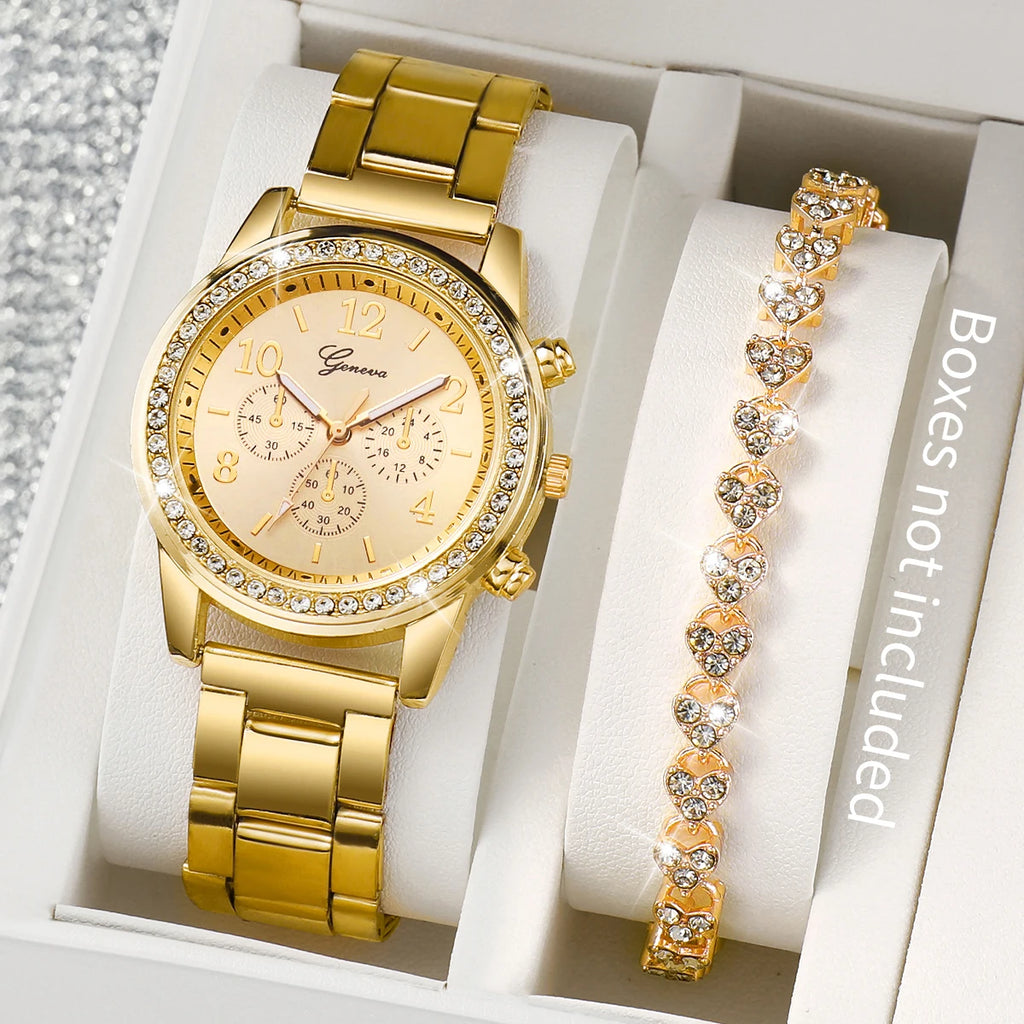 Women Stainless Steel Gold Color Quartz Watch & Diamond Bracelet