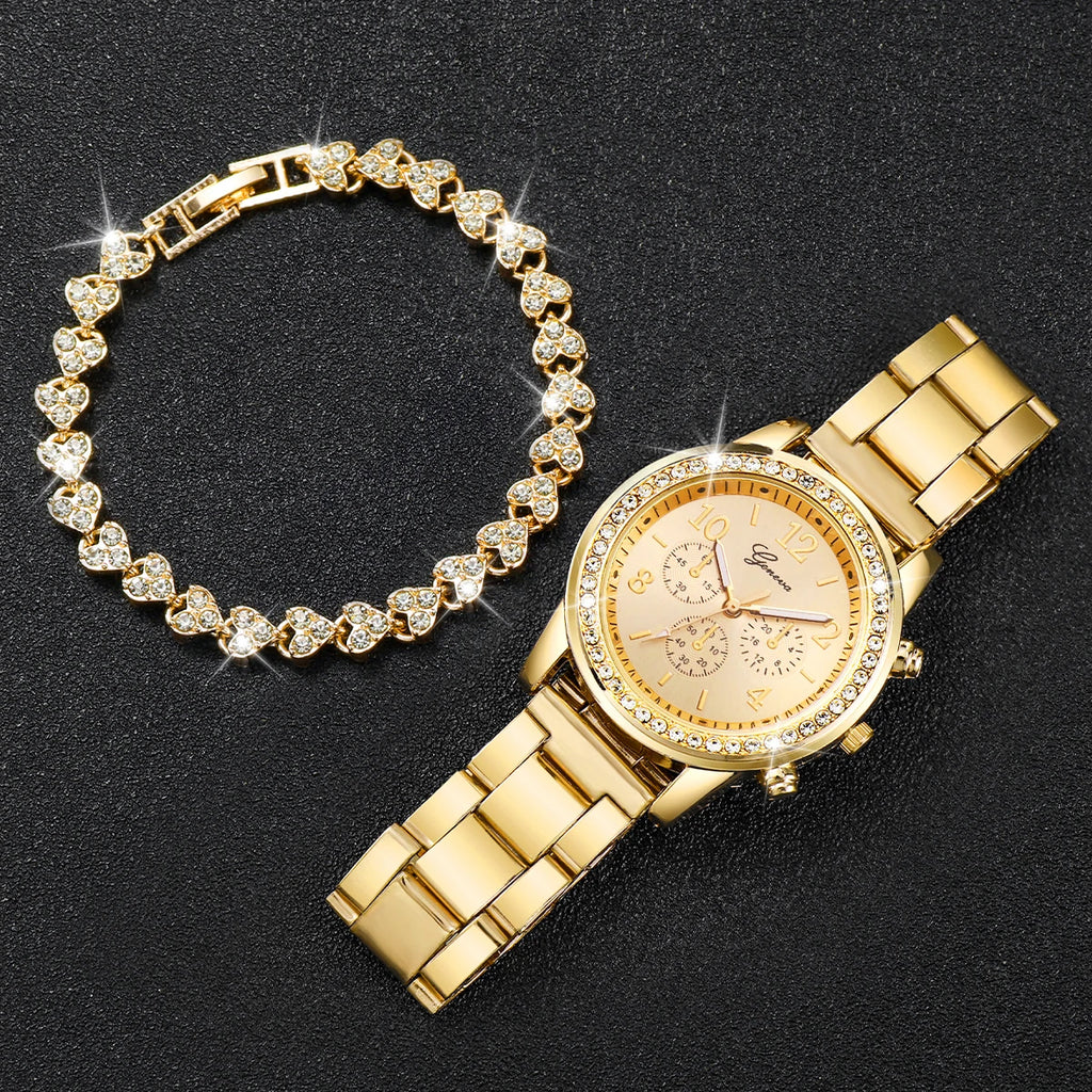 Women Stainless Steel Gold Color Quartz Watch & Diamond Bracelet