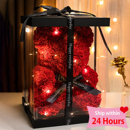 Valentine's Day Rose Bear: Artificial Flower Teddy Bear with Box Lights for Women