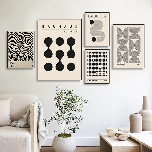 Abstract Bauhaus Style Geometric Wall Art Posters Prints Picture Vintage Black Beige Line Canvas Paintings For Modern Home Decor