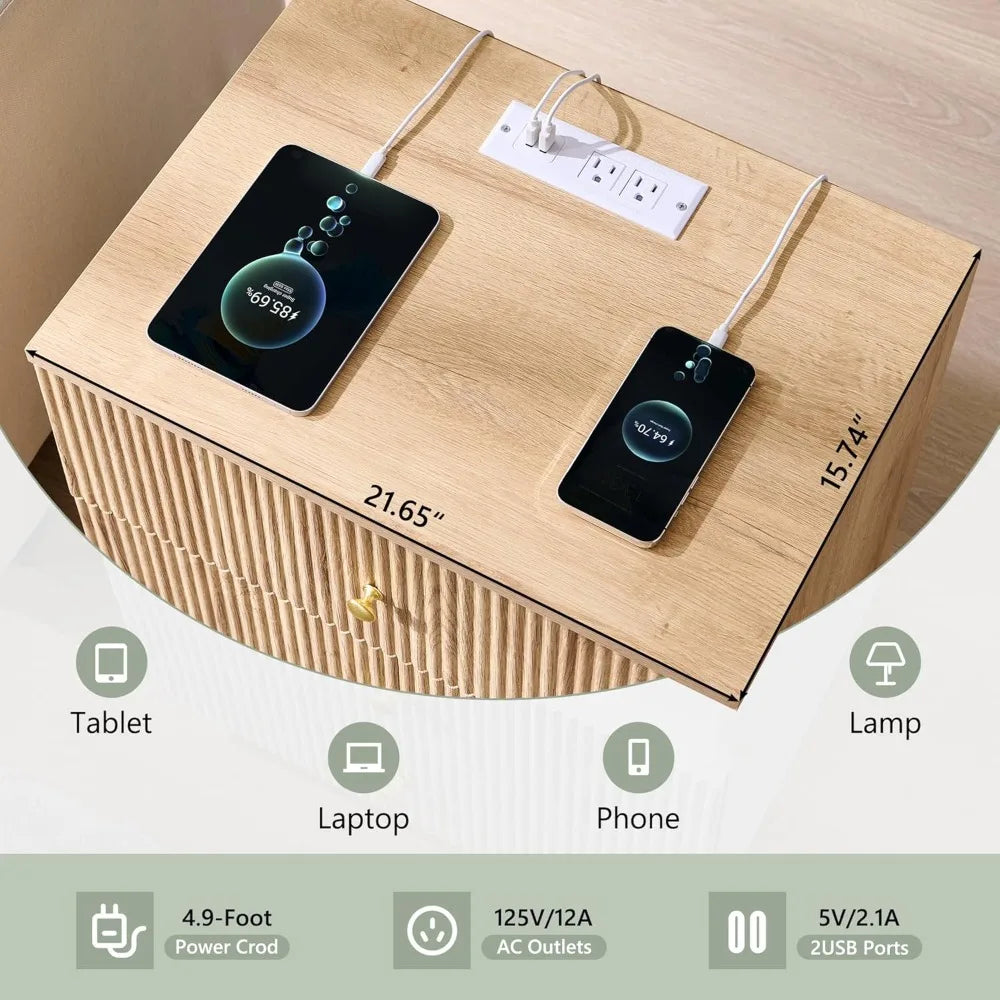Fluted Nightstand with Charging Station
