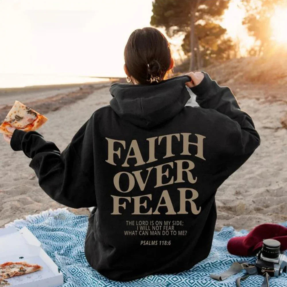 Women Faith Overcomes Fear - Christian Hooded Sweatshirts Plus Size Hoodie Streetwear Fashion Pullover