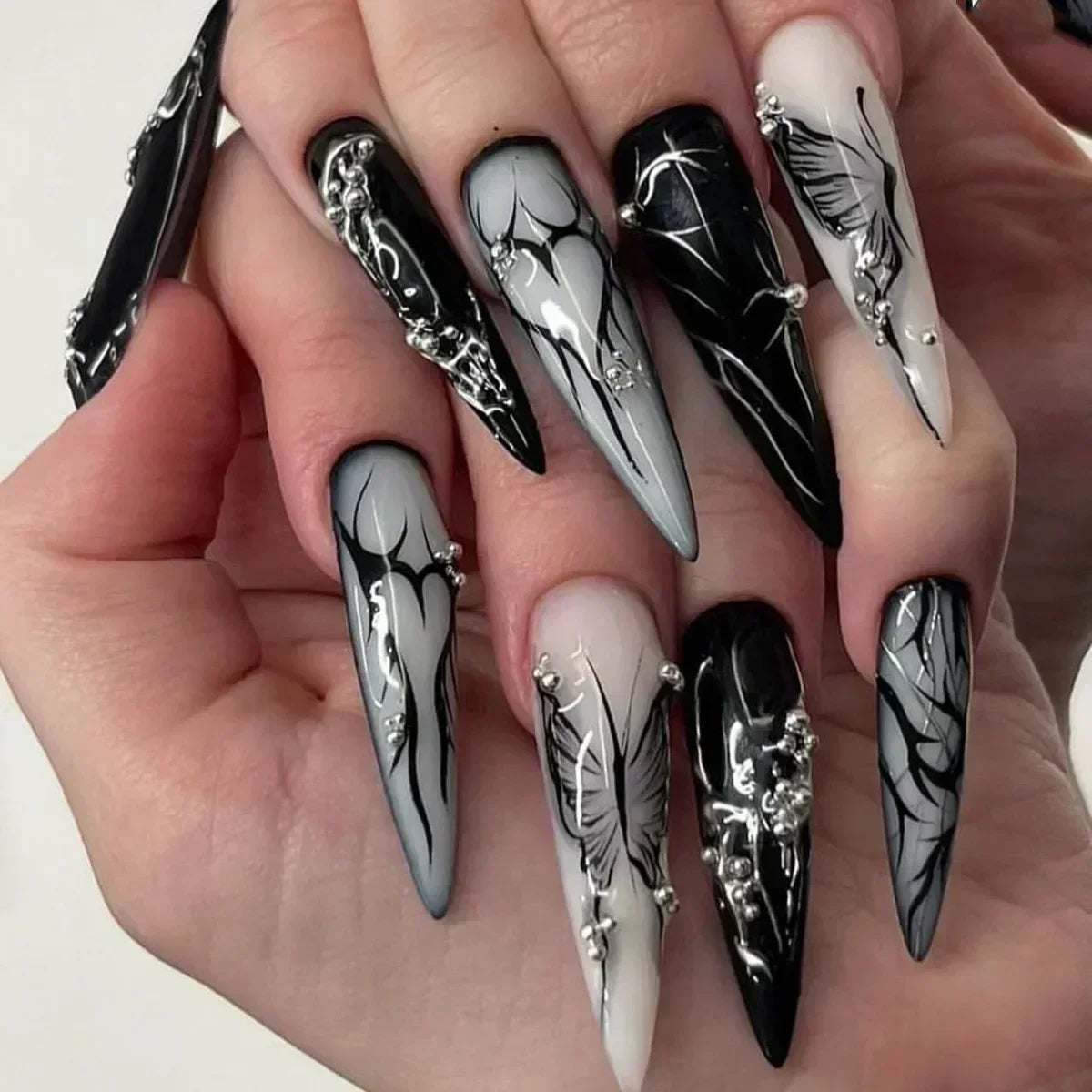 24Pc False Nails with Glue Almond Black Red Gradient Design Detachable Rhinestone Acrylic Fake Nail Long Stiletto Press on Nails