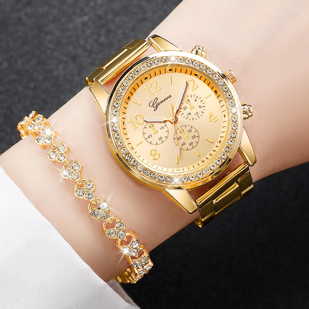 Women Stainless Steel Gold Color Quartz Watch & Diamond Bracelet