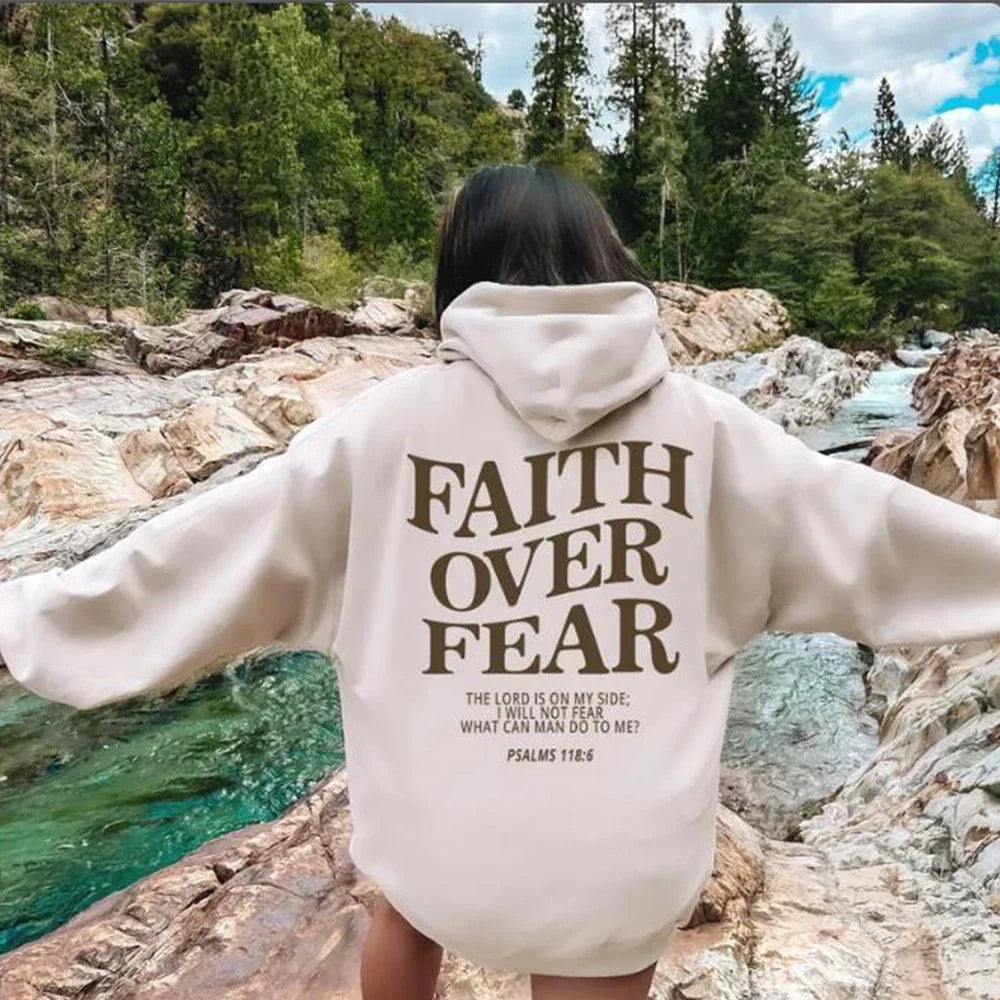 Women Faith Overcomes Fear - Christian Hooded Sweatshirts Plus Size Hoodie Streetwear Fashion Pullover