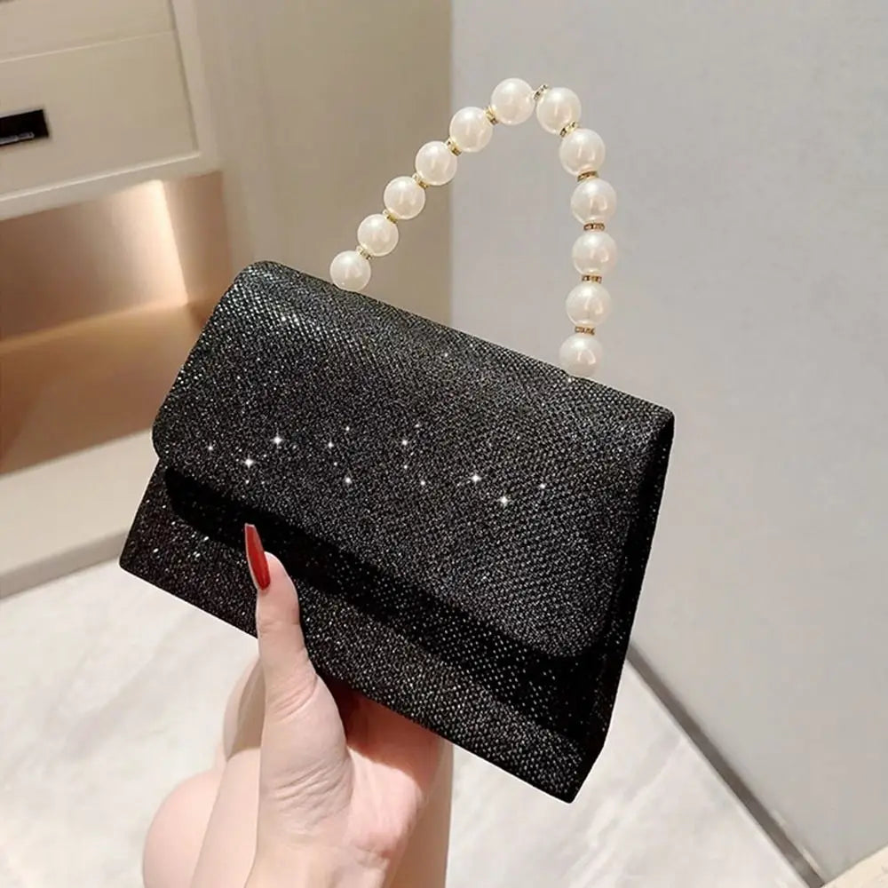 Pearl Chain Evening Clutch Elegant Gold Silk Purse
