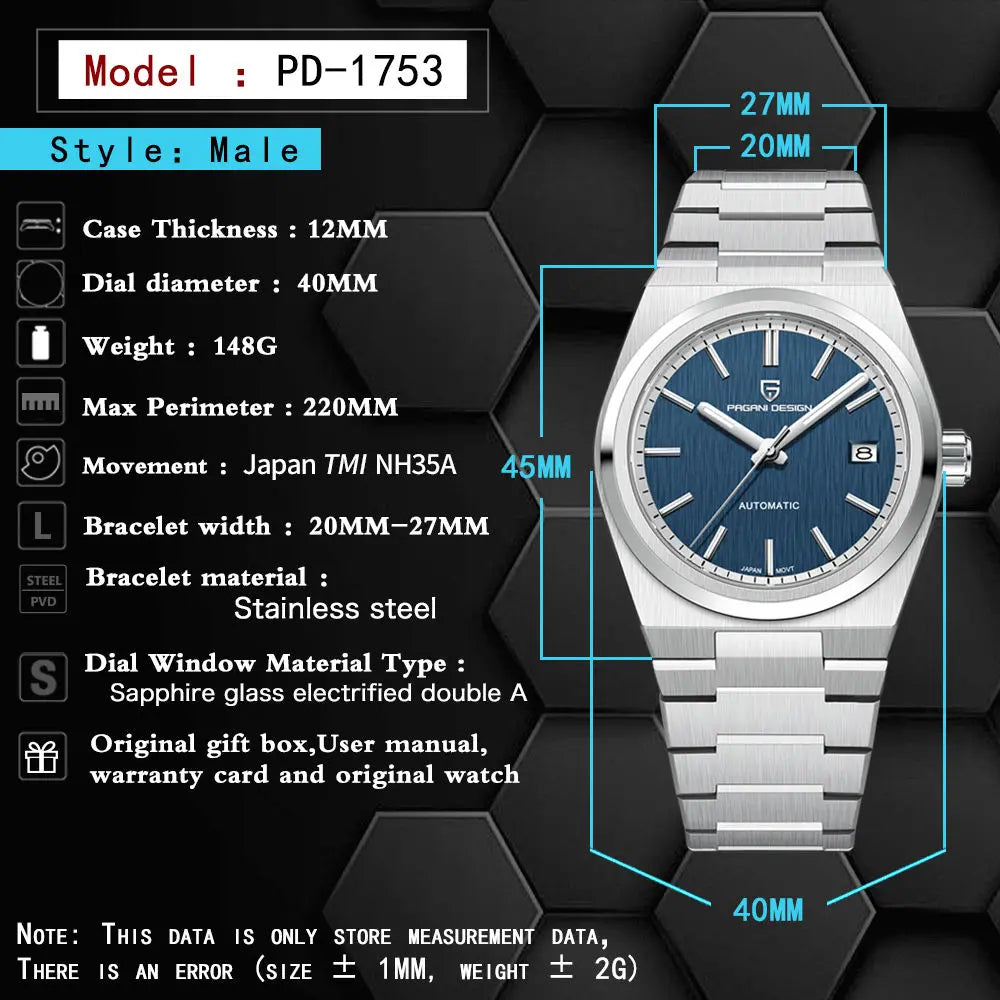 Men's Automatic Mechanical Watch Luxury Sapphire AR Coating Stainless Steel Waterproof