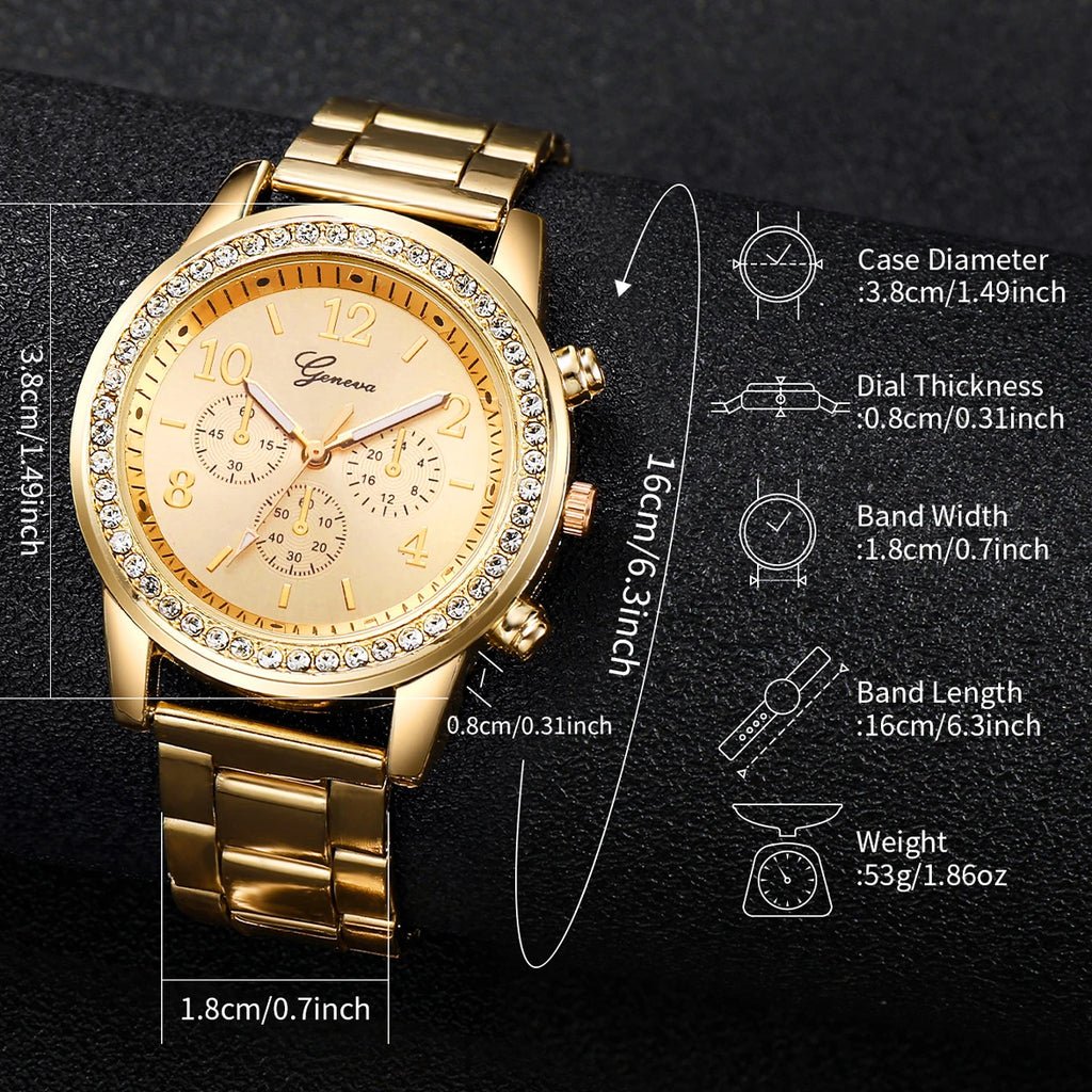 Women Stainless Steel Gold Color Quartz Watch & Diamond Bracelet