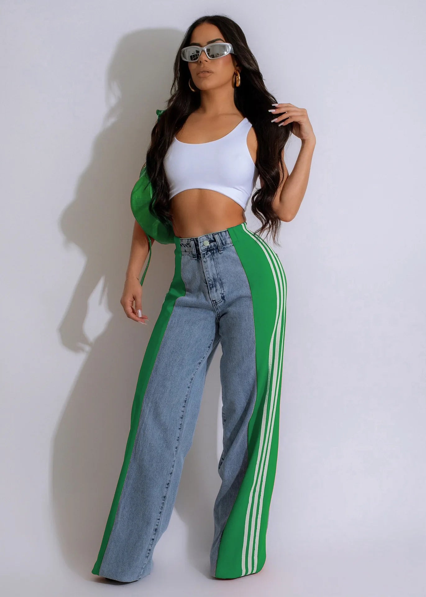 Patchwork Three Stripes Wide Leg Denim Pants