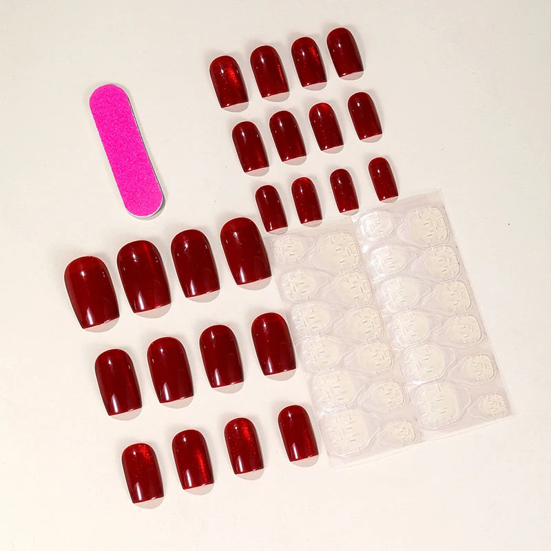 24pcs Press-On Fake Nails Set with Glue - Black, Blue, Purple, Red Cat Eye Square Nails for Girls