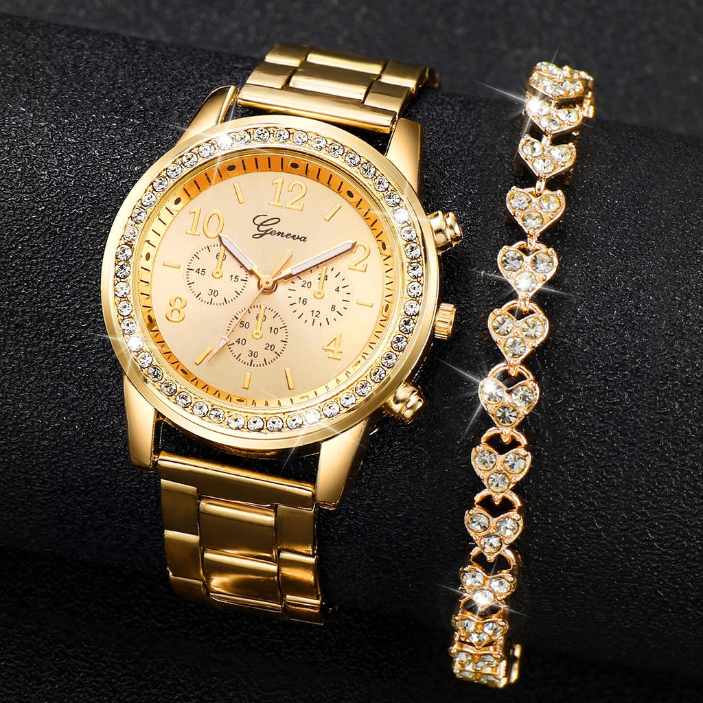 Women Stainless Steel Gold Color Quartz Watch & Diamond Bracelet