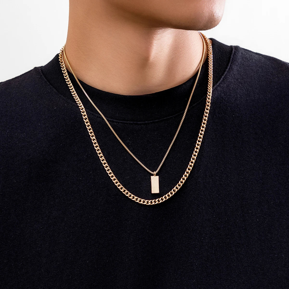 2pcs/set Rectangular Pendant Box Chain Necklace for Men